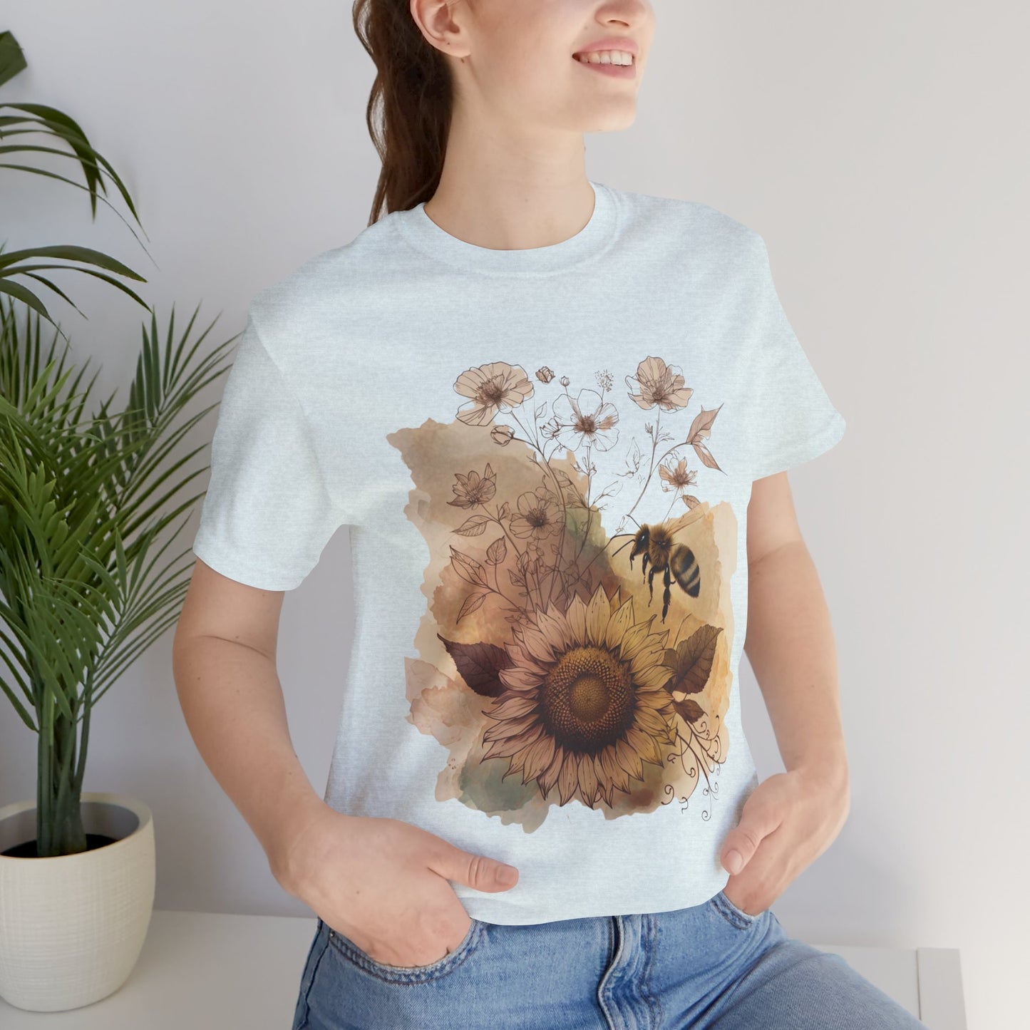 Sunflower & Bee Graphic Tee — Vintage Floral Short Sleeve Shirt