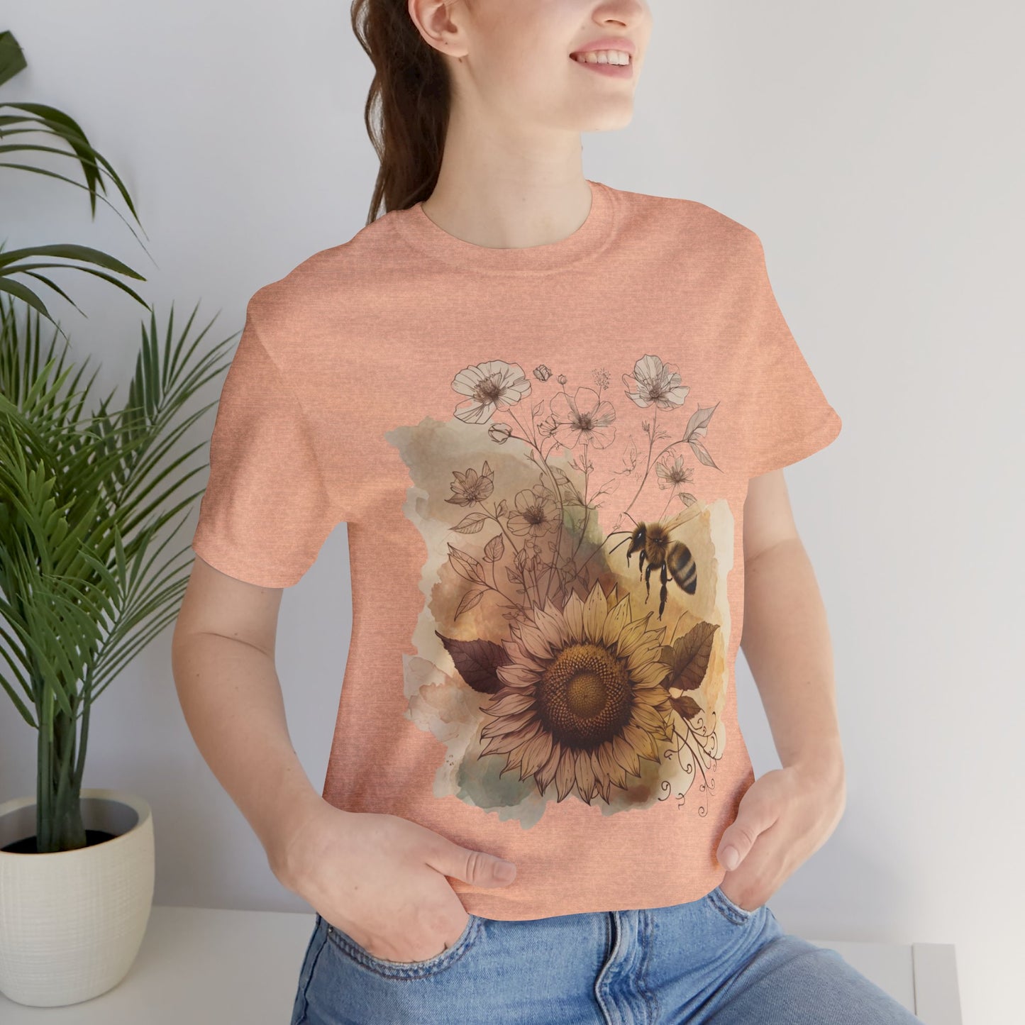 Sunflower & Bee Graphic Tee — Vintage Floral Short Sleeve Shirt