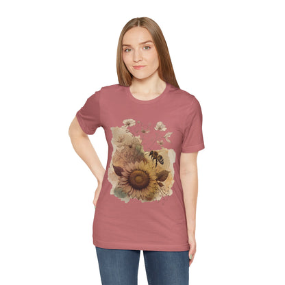 Sunflower & Bee Graphic Tee — Vintage Floral Short Sleeve Shirt