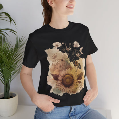 Sunflower & Bee Graphic Tee — Vintage Floral Short Sleeve Shirt