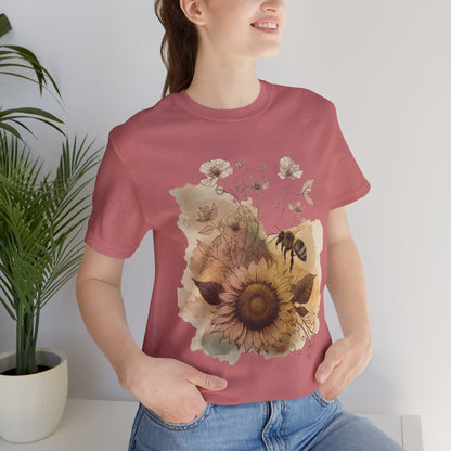 Sunflower & Bee Graphic Tee — Vintage Floral Short Sleeve Shirt
