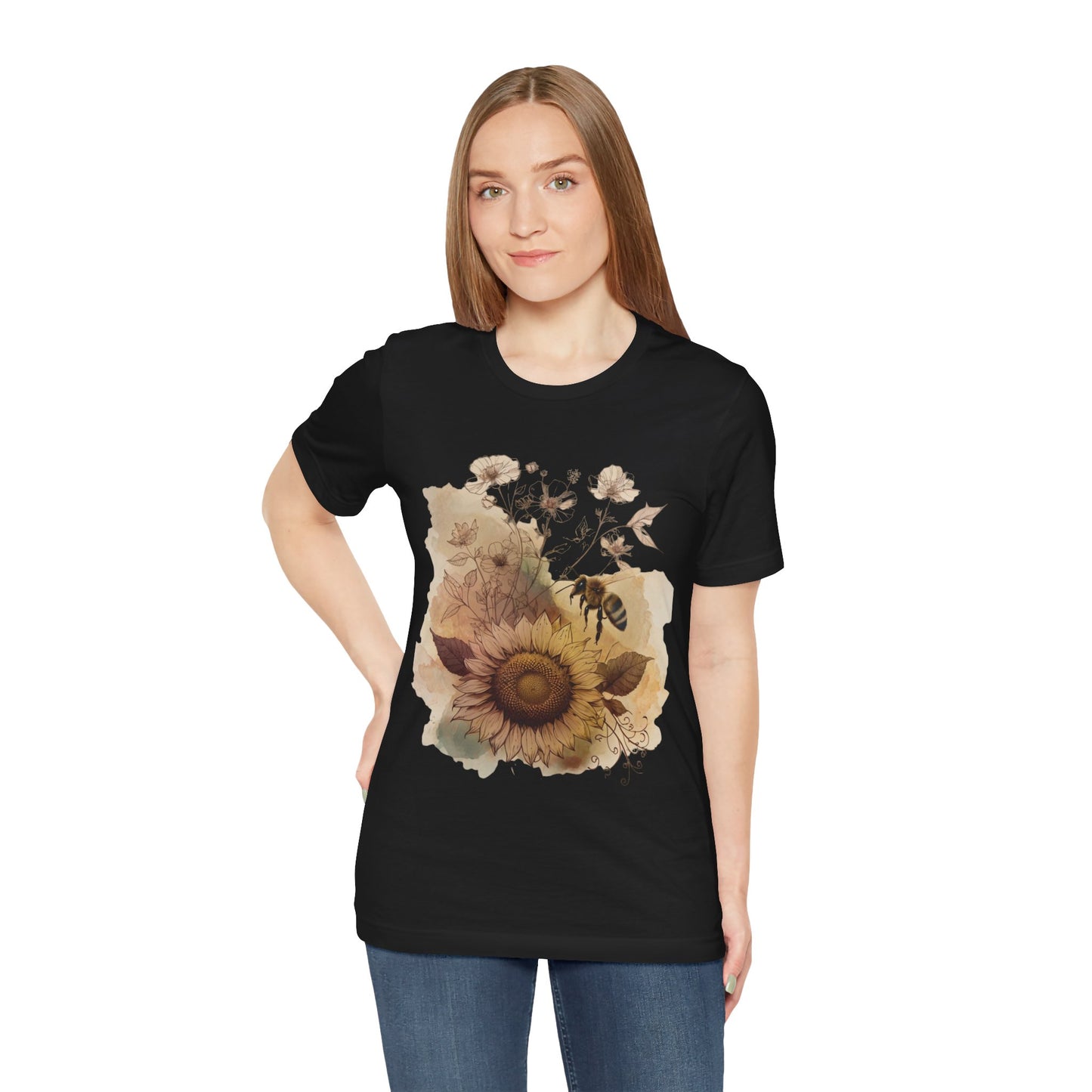 Sunflower & Bee Graphic Tee — Vintage Floral Short Sleeve Shirt