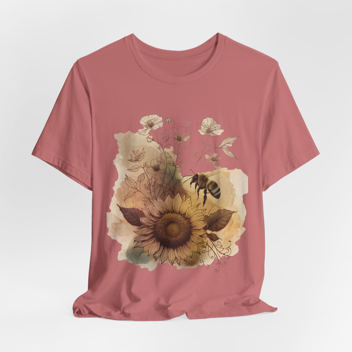 Sunflower & Bee Graphic Tee — Vintage Floral Short Sleeve Shirt