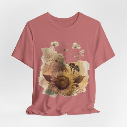 Sunflower & Bee Graphic Tee — Vintage Floral Short Sleeve Shirt
