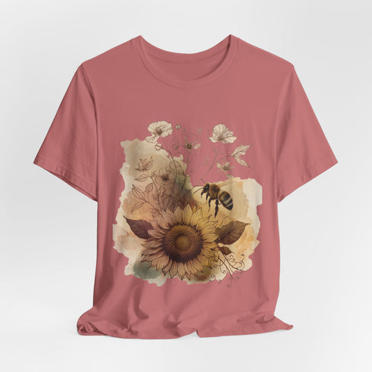 Sunflower & Bee Graphic Tee — Vintage Floral Short Sleeve Shirt