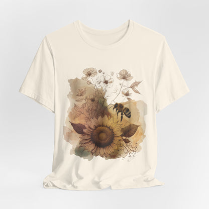 Sunflower & Bee Graphic Tee — Vintage Floral Short Sleeve Shirt