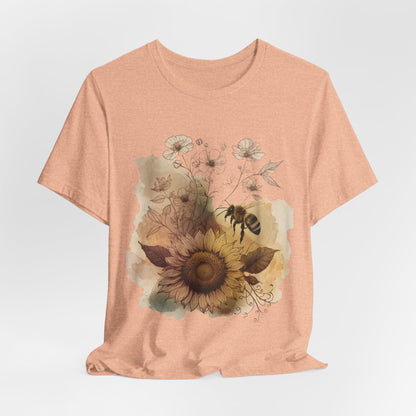 Sunflower & Bee Graphic Tee — Vintage Floral Short Sleeve Shirt