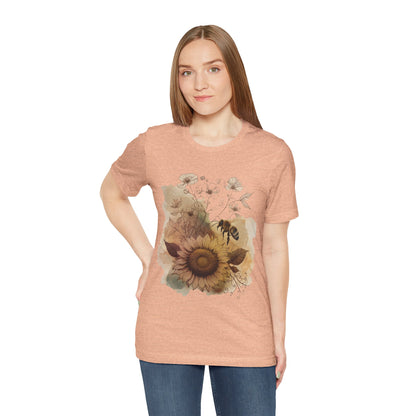 Sunflower & Bee Graphic Tee — Vintage Floral Short Sleeve Shirt