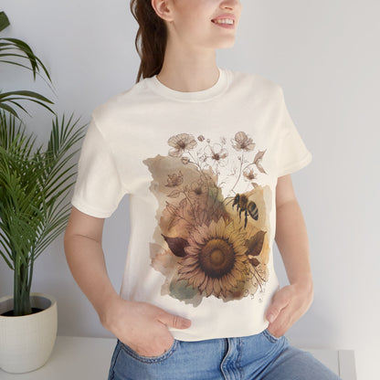 Sunflower & Bee Graphic Tee — Vintage Floral Short Sleeve Shirt