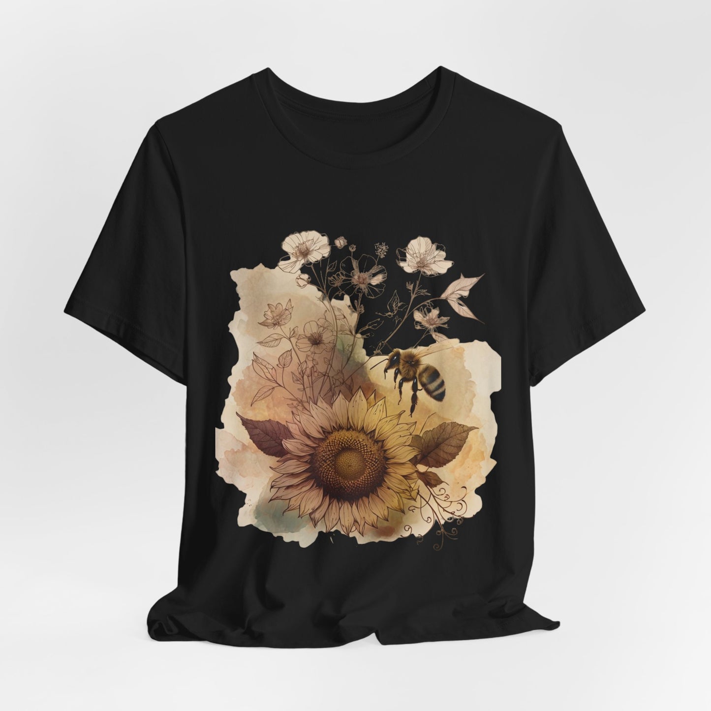Sunflower & Bee Graphic Tee — Vintage Floral Short Sleeve Shirt
