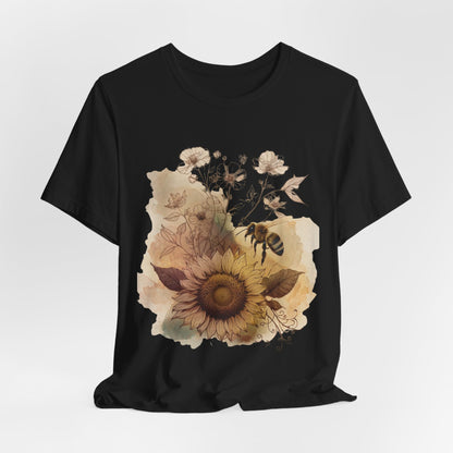 Sunflower & Bee Graphic Tee — Vintage Floral Short Sleeve Shirt