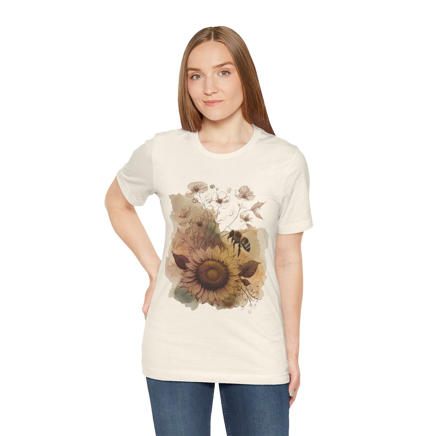 Sunflower & Bee Graphic Tee — Vintage Floral Short Sleeve Shirt